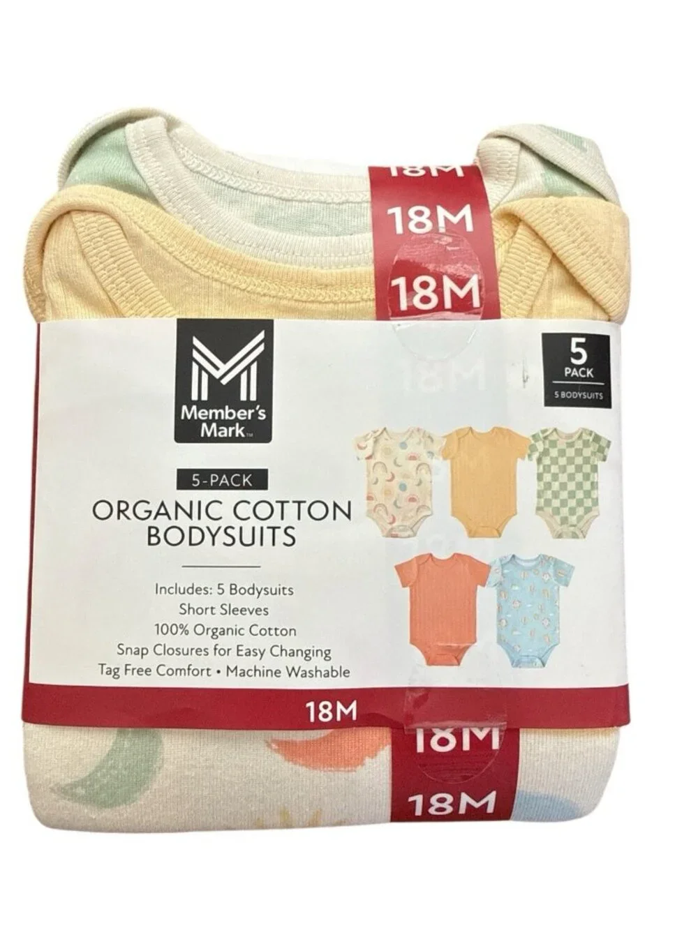 Member's Mark  Organic Cotton Bodysuits-5 Pack-Size 18 Months